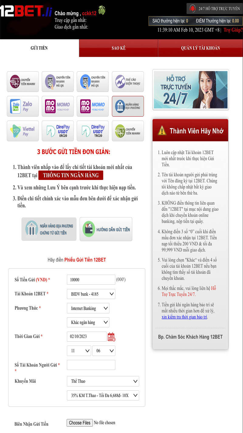 Nạp tiền 12BET